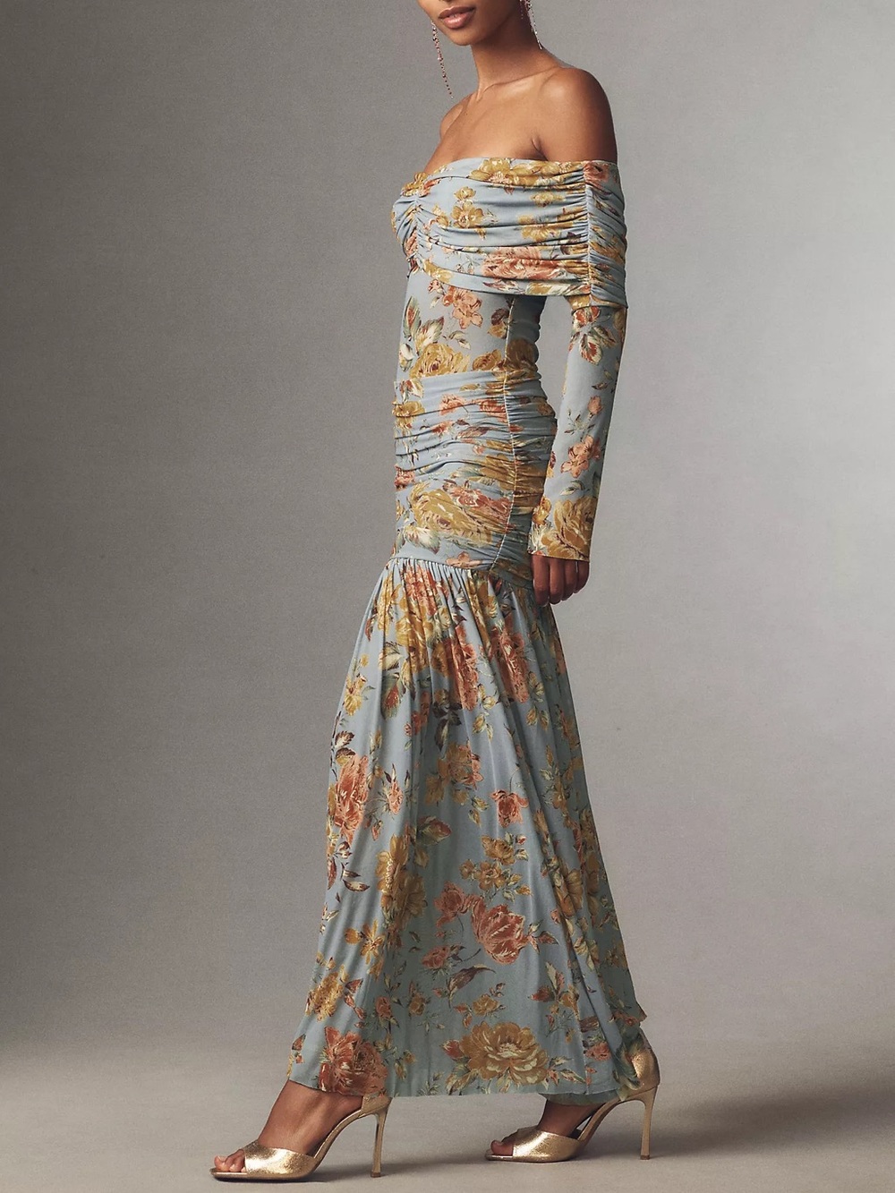NWT AFRM Vintage Inspired Off-the-Shoulder Long-Sleeve Ruched Lace Maxi Dress - Picture 3 of 9